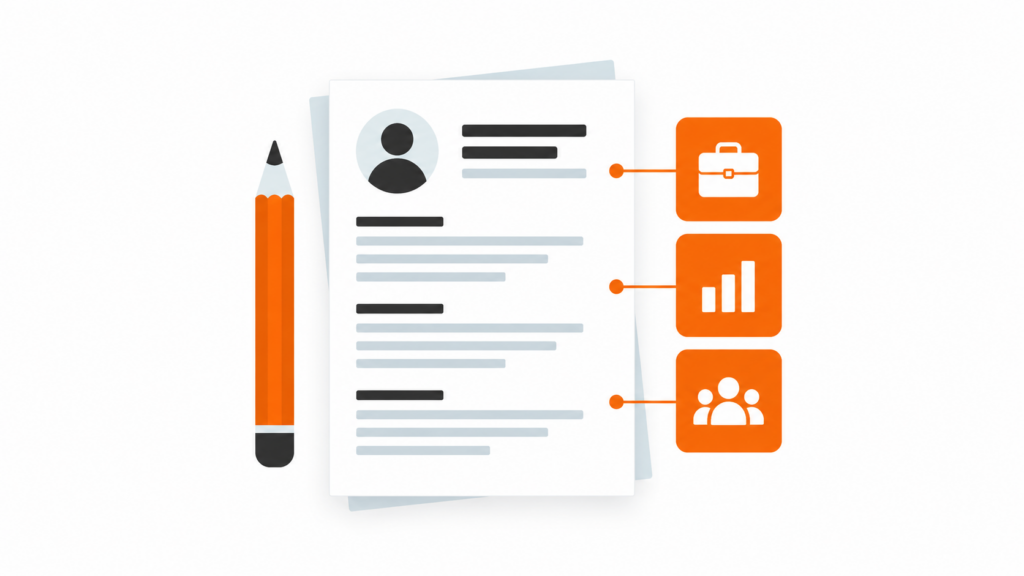Un CV accompagné d’un crayon et de pictogrammes de compétences orange.
